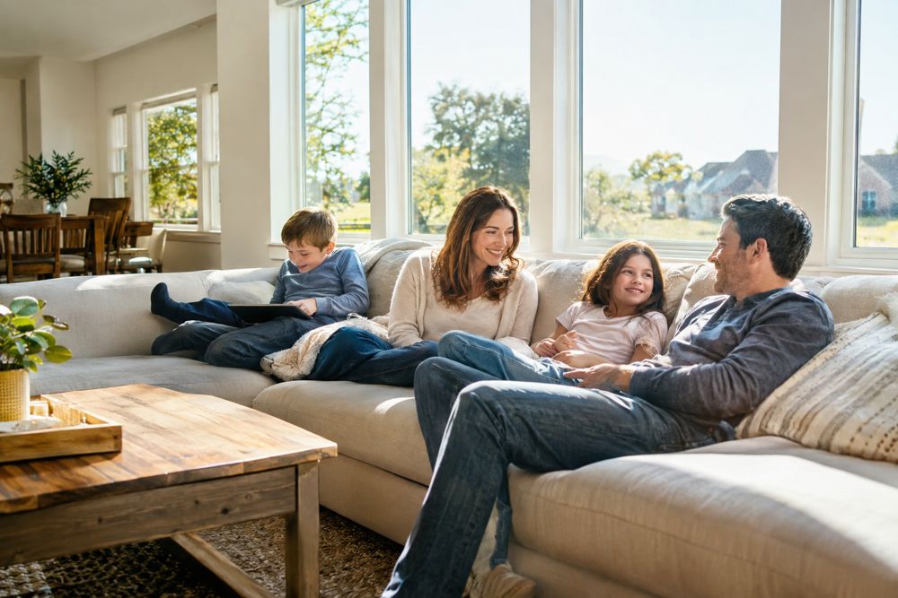 Family relaxing in a bright living room with new windows